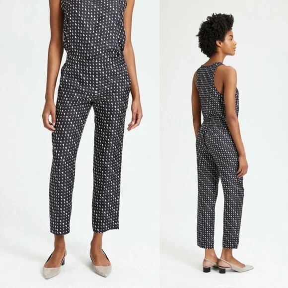 Theory Silk Triangle Print Pull-On Trouser Navy Ivory Print Size 8 - Picture 2 of 10